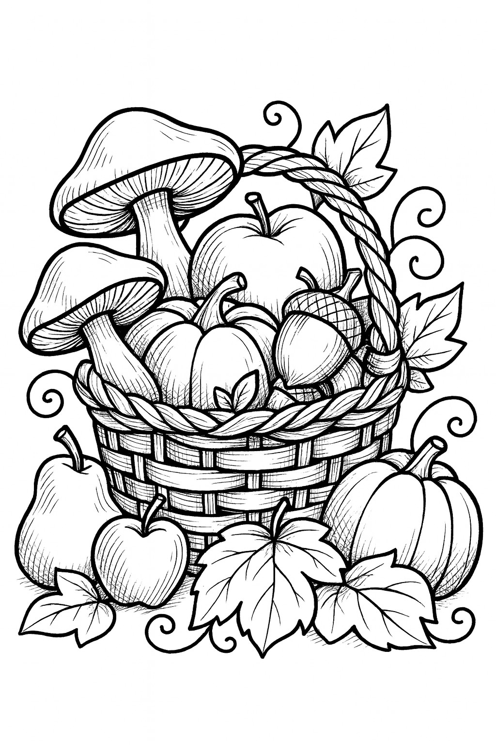 coloriage d'automne gratuit pommes et champignons d'automne