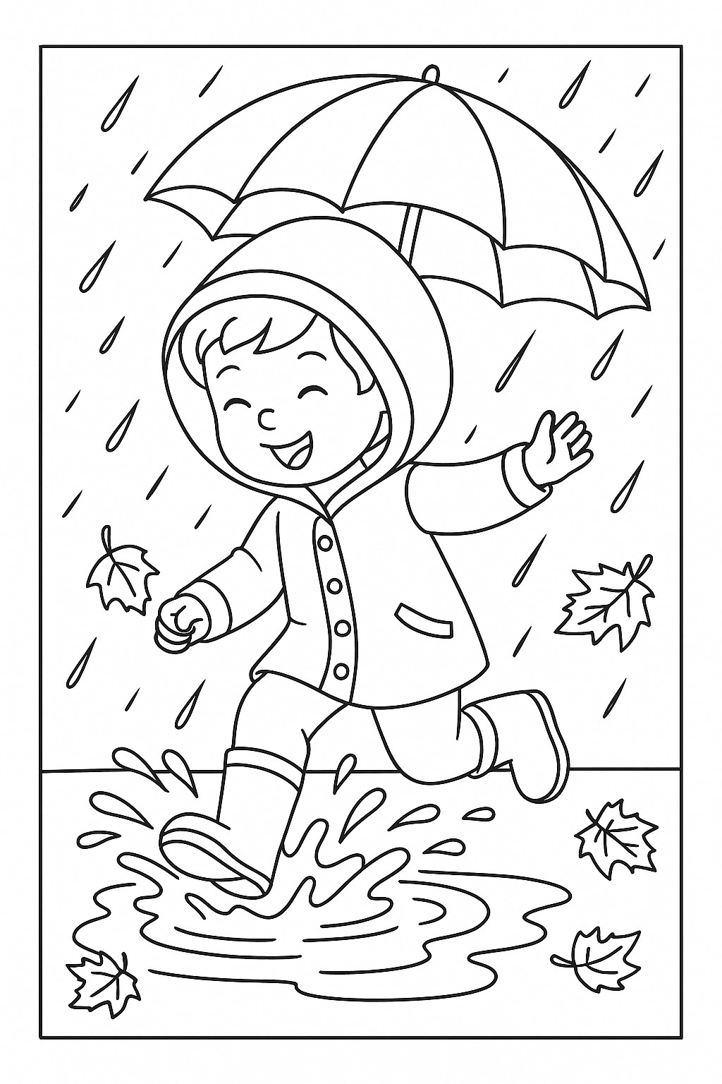 coloriage d'automne gratuit enfant sous la pluie en automne