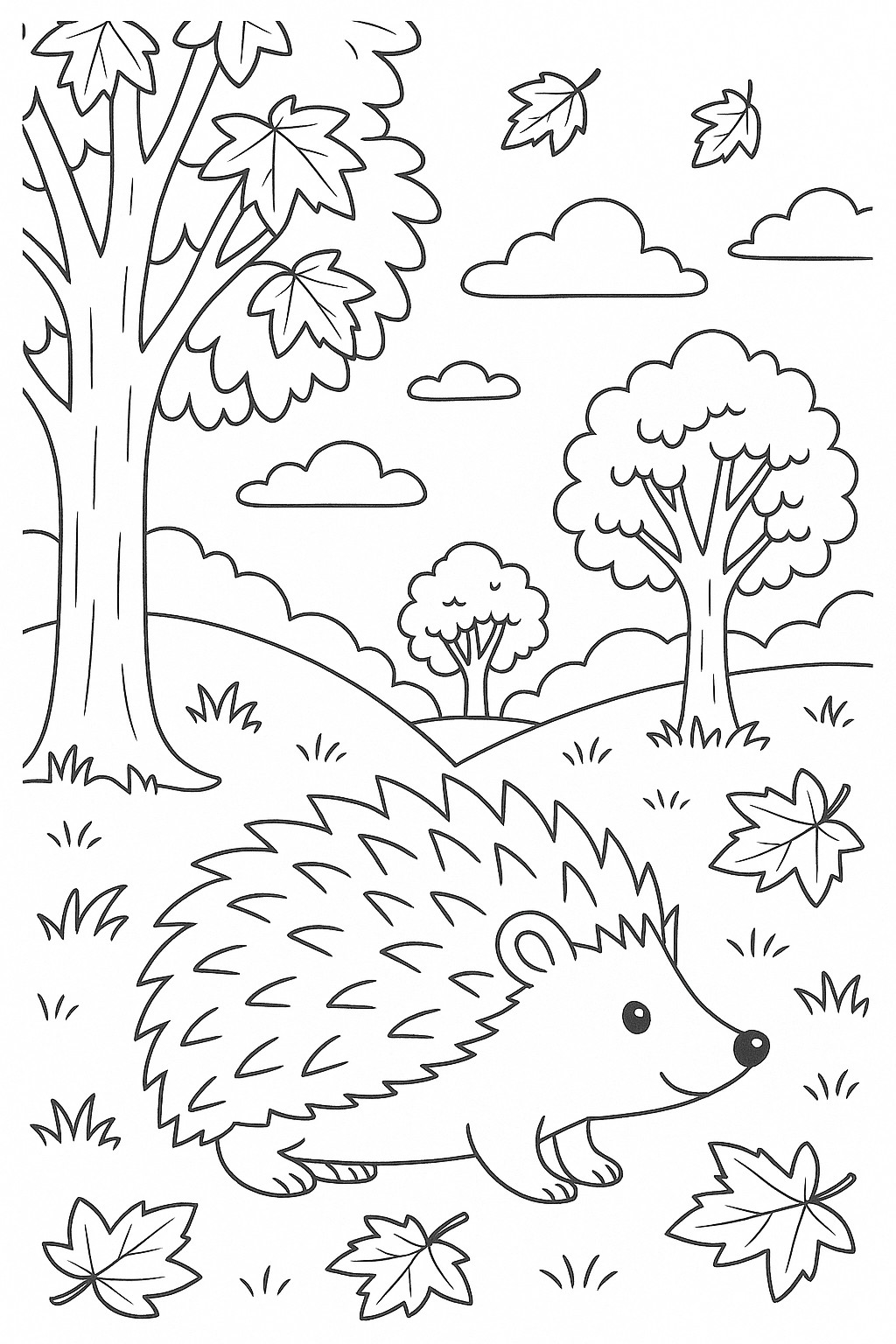 coloriage d'automne gratuit hérissont jouant dans les feuilles