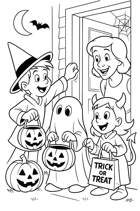 coloriages gratuits halloween enfants frappant a la porte 
