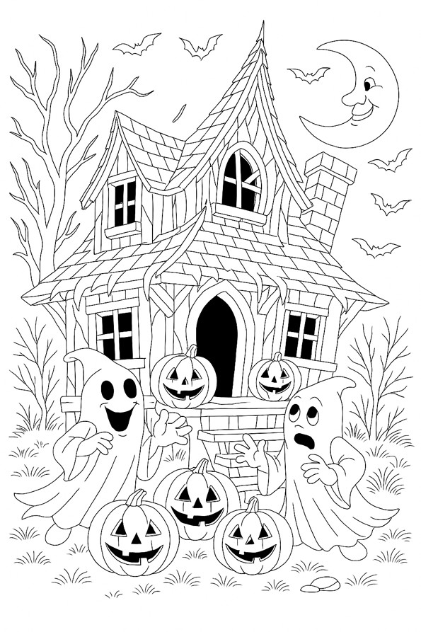 coloriages gratuits halloween maison hantée et citrouilles d'halloween
