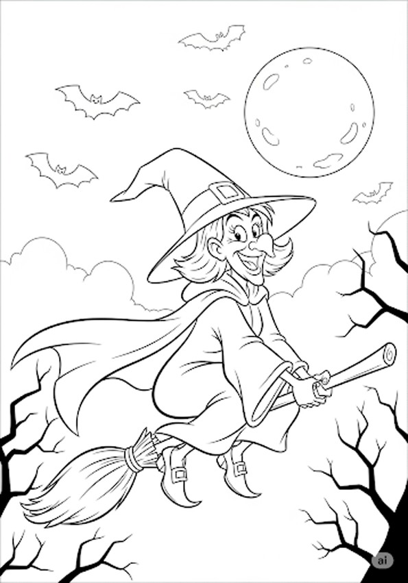 coloriages gratuits halloween une sorciere  d'halloween qui vole
