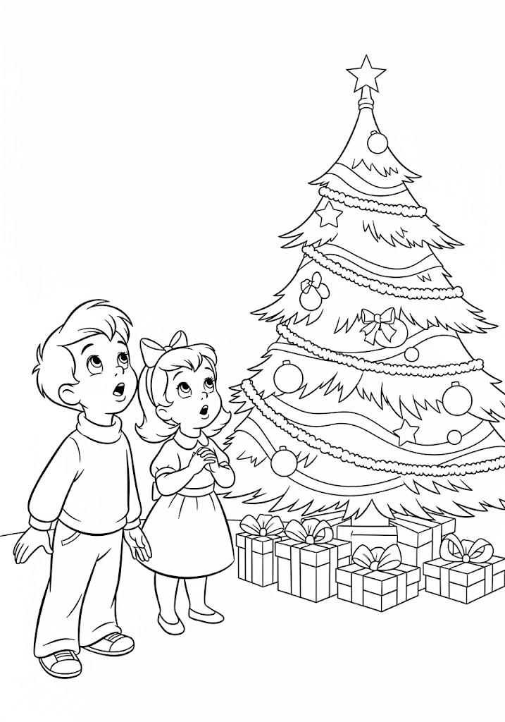 coloriages de noel les enfants découvrent les cadeaux