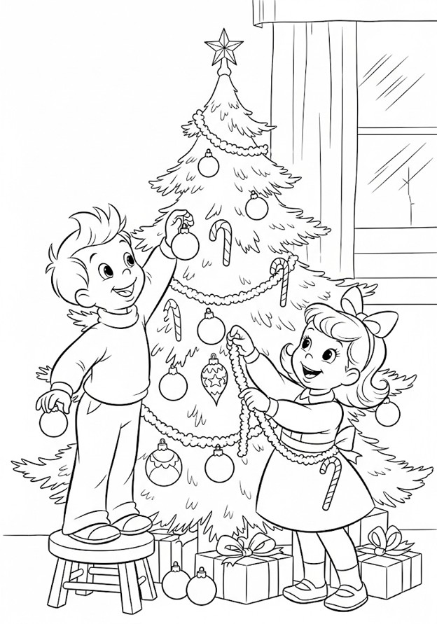 coloriages de noel gratuit des enfants décorent le sapin