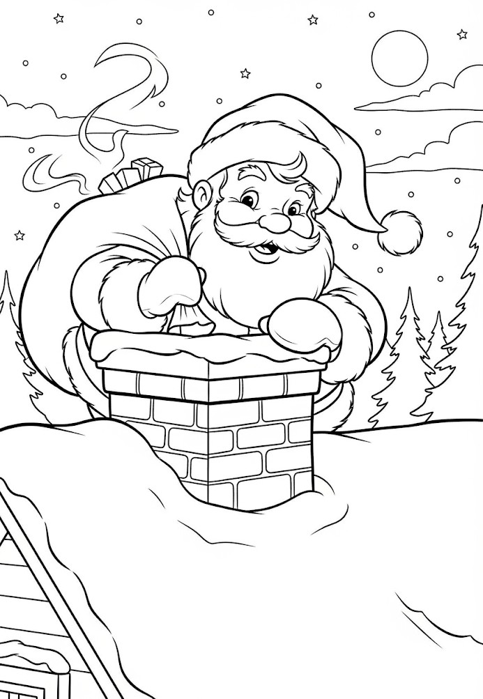 coloriages de noel le pere noel descend par la cheminée
