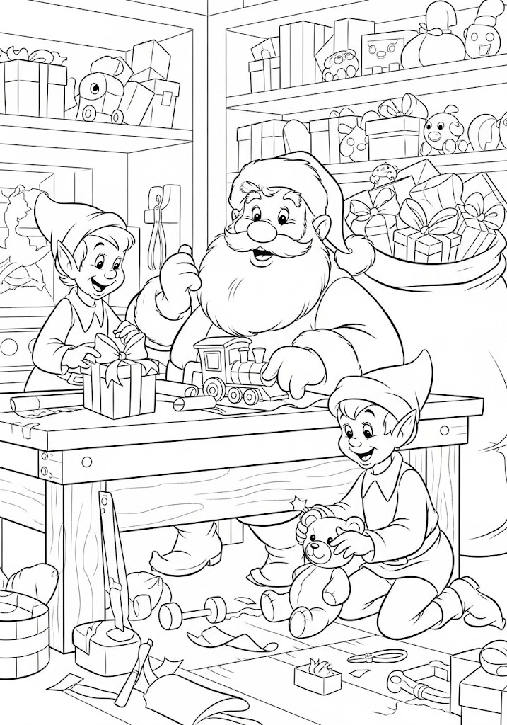 coloriages de noel le pere noel fabrique les cadeaux
