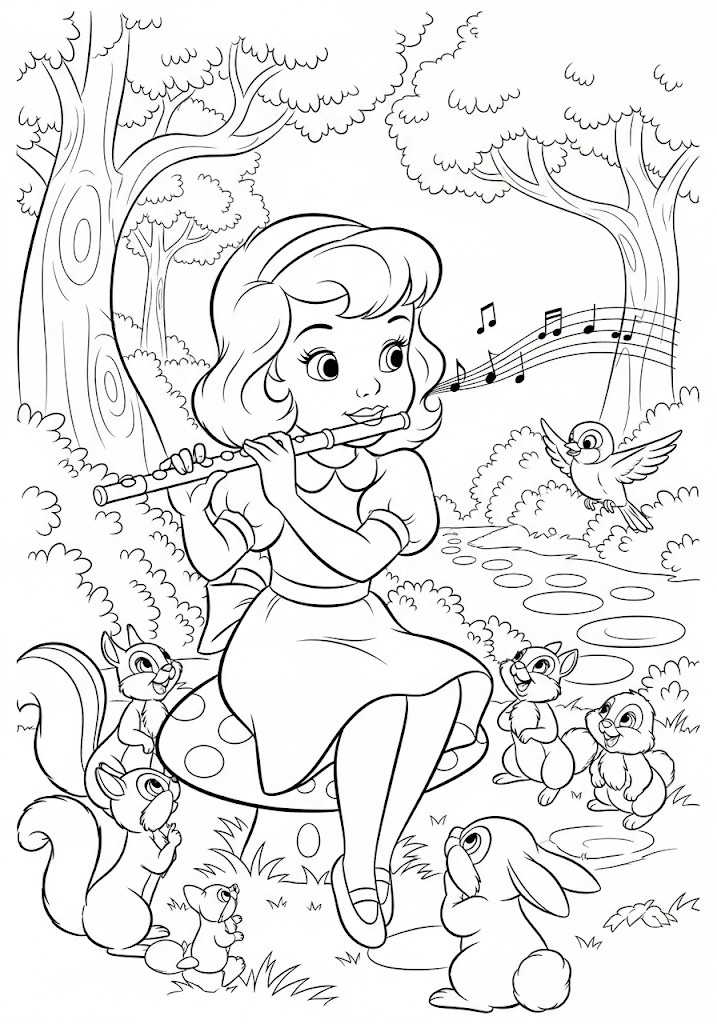 Fille jouant de la flûte à colorier