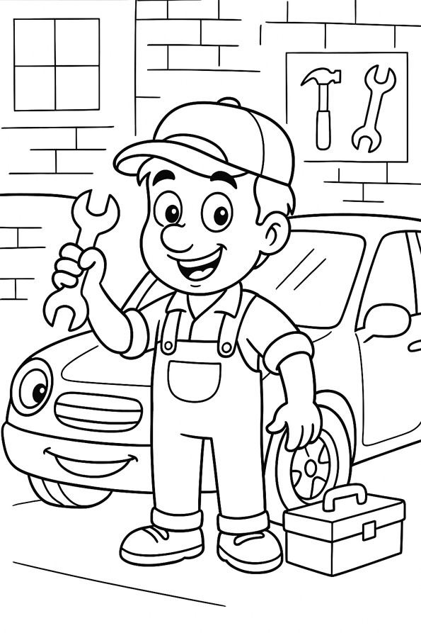 Mécanicien réparant une voiture à colorier