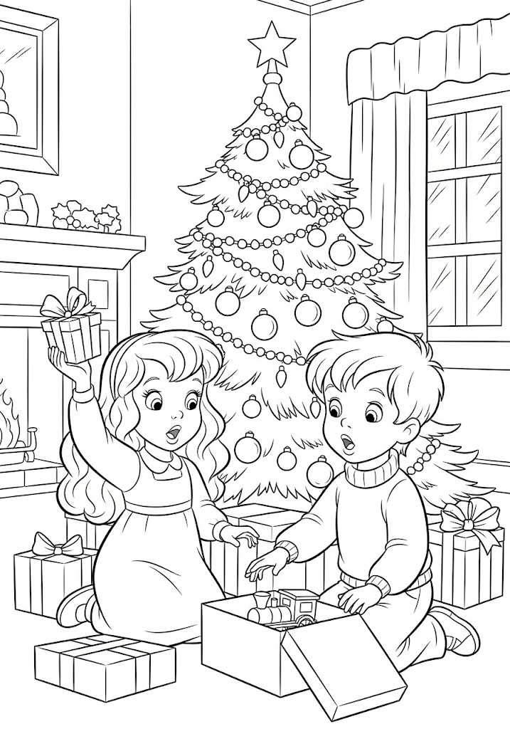 Enfants ouvrant les cadeaux de Noël