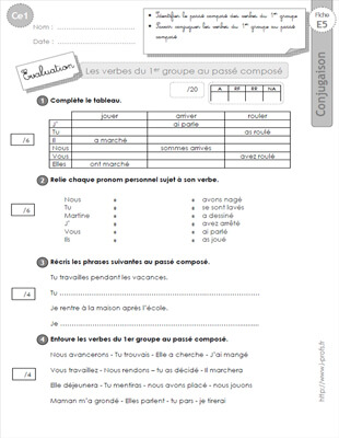 Aperçu fiche 1 : le passé composé des verbes du 1er groupe CE1