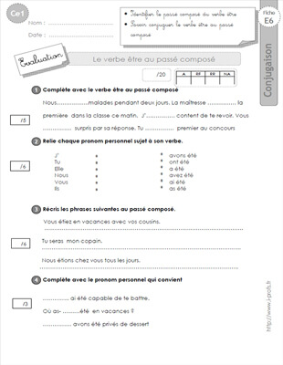 Aperçu fiche 1 : le passé composé du verbe être CE1