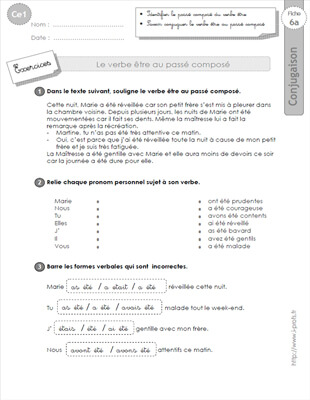 Aperçu fiche 1 : le passé composé du verbe être CE1