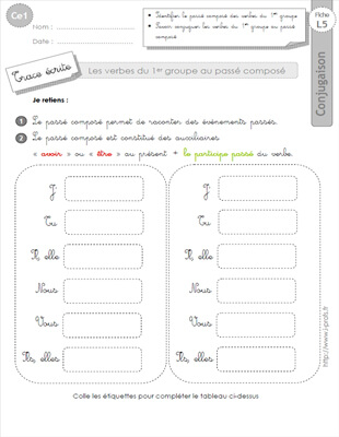 Aperçu fiche 1 : le passé composé des verbes du 1er groupe CE1