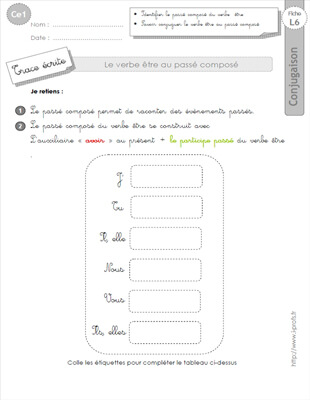Aperçu fiche 1 : le passé composé du verbe être CE1