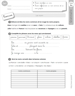 Aperçu fiche 1 : le nom CE1