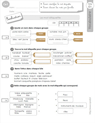 Aperçu fiche 1 : les mots génériques CE1