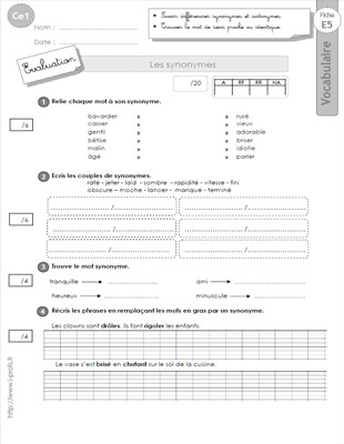 Aperçu fiche 1 : les synonymes CE1
