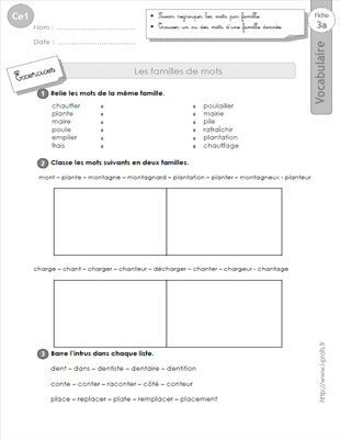 Aperçu fiche 1 : les familles de mots CE1