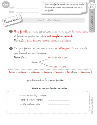 Aperçu fiche 1 : les familles de mots CE1
